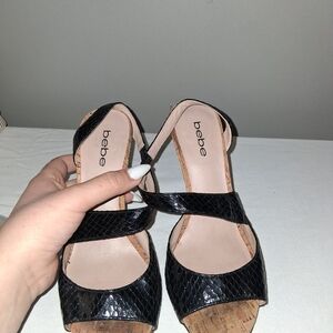 bebe Black Patent Cork Platform Sandals